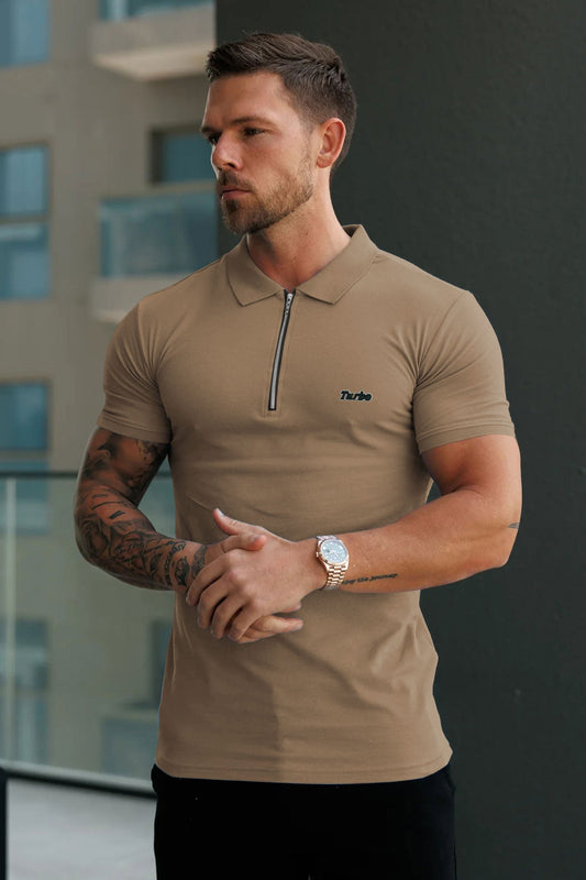 Turbo Signature Script Zip-Placket Men's Polo Shirt In Light Camel