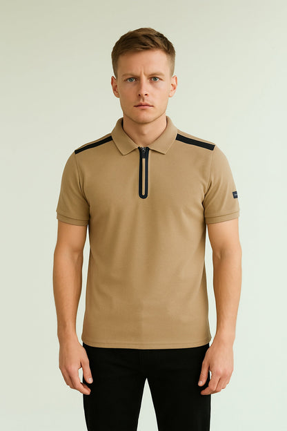 Hackt Lndn AMR Performance Zip-Placket Men's Polo Shirt In Light Camel
