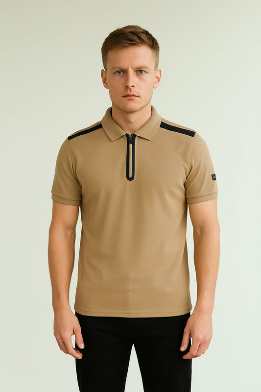 Hackt Lndn AMR Performance Zip-Placket Men's Polo Shirt In Light Camel