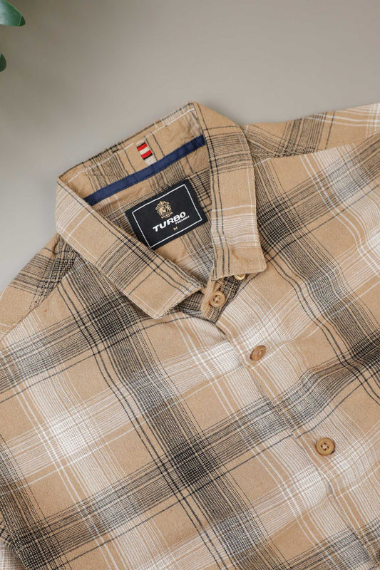 Turbo Tribe Premium Flannel Long Sleeve Cotton Casual Shirt In Light Camel