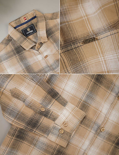 Turbo Tribe Premium Flannel Long Sleeve Cotton Casual Shirt In Light Camel