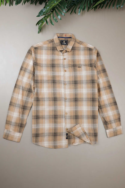 Turbo Tribe Premium Flannel Long Sleeve Cotton Casual Shirt In Light Camel