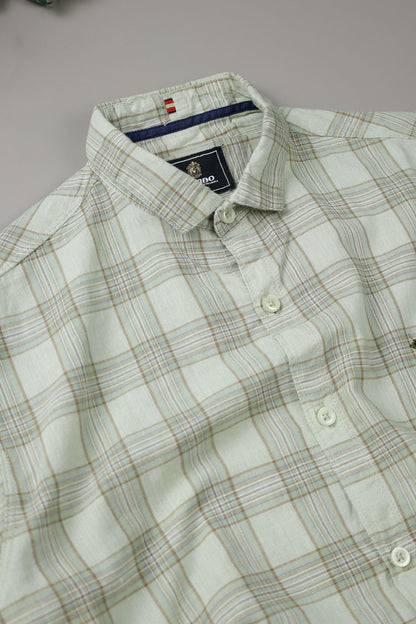 Turbo FearLess Checked Long Sleeve Cotton Casual Shirt In Light Green
