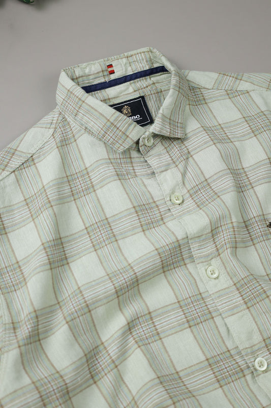 Turbo FearLess Checked Long Sleeve Cotton Casual Shirt In Light Green