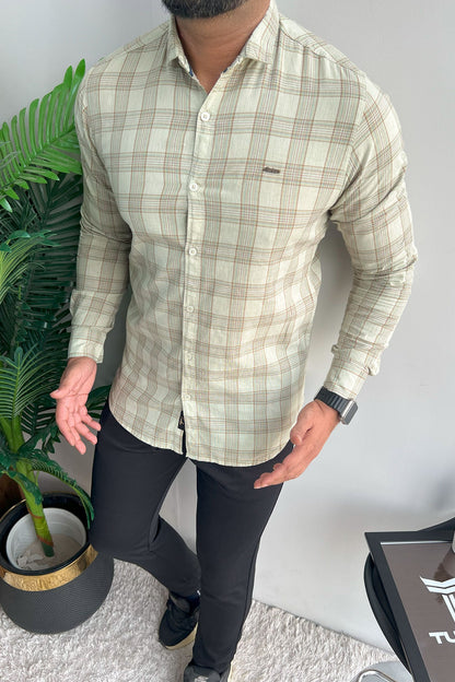 Turbo FearLess Checked Long Sleeve Cotton Casual Shirt In Light Green