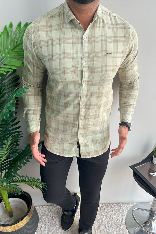Turbo FearLess Checked Long Sleeve Cotton Casual Shirt In Light Green