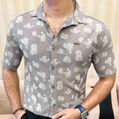 Turbo Rich Floral Printed Casual Shirt In Light Grey