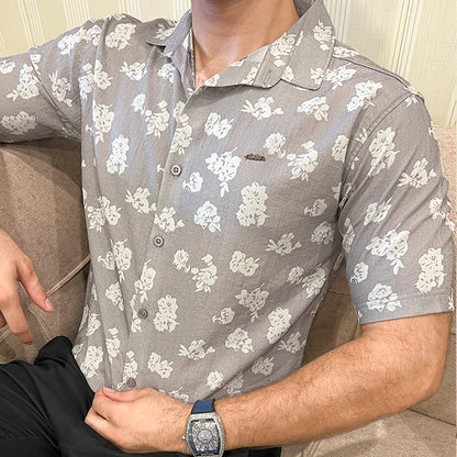 Turbo Rich Floral Printed Casual Shirt In Light Grey