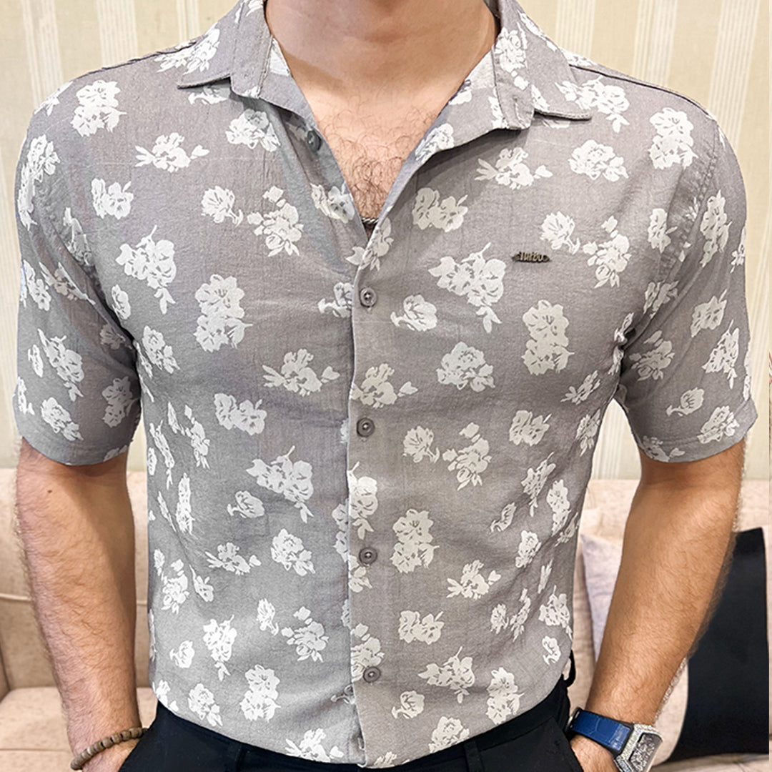 Turbo Rich Floral Printed Casual Shirt In Light Grey