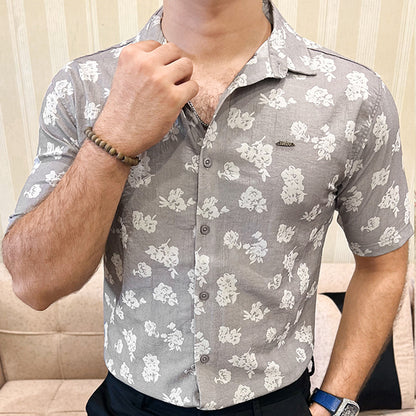 Turbo Rich Floral Printed Casual Shirt In Light Grey