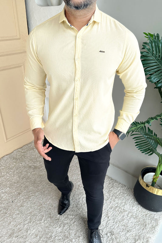 Turbo Self Lining Long Sleeve Cotton Casual Shirt In Light Lemon