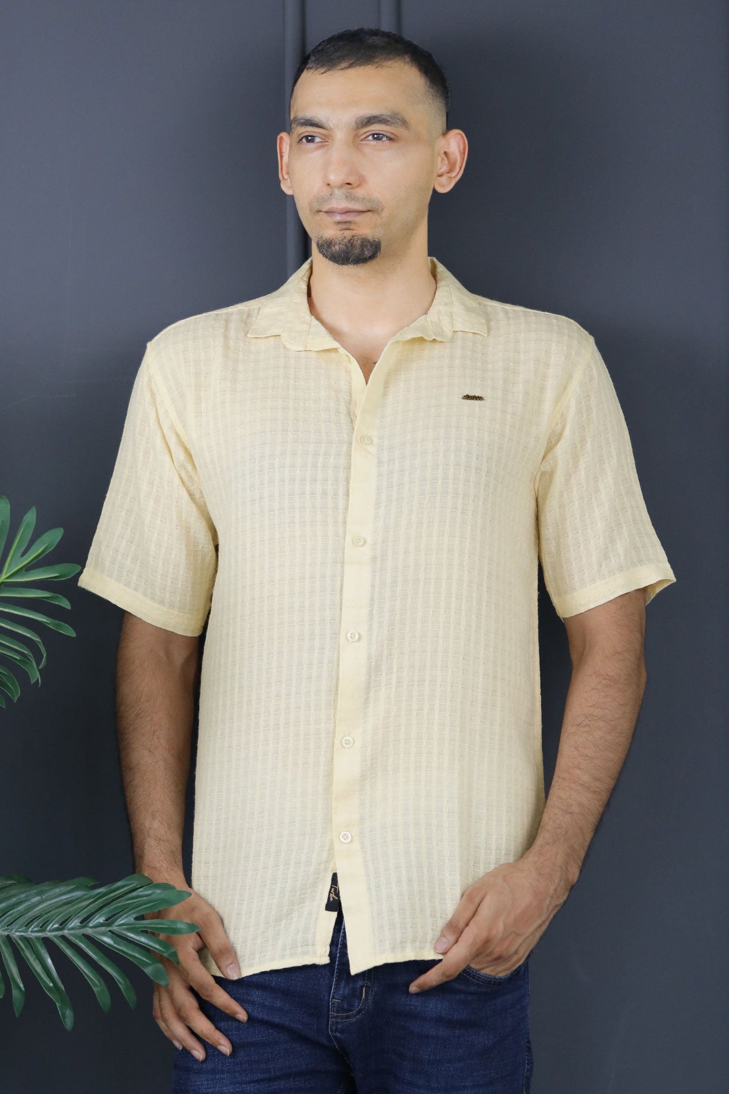 Turbo Designer Motif Embossed Casual Shirt In Light Lemon