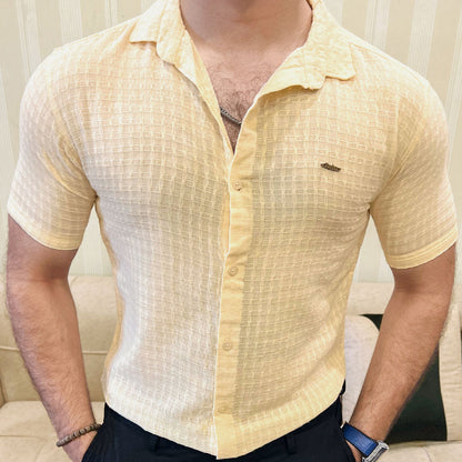 Turbo Designer Motif Embossed Casual Shirt In Light Lemon