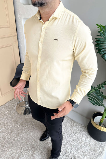 Turbo Self Lining Long Sleeve Cotton Casual Shirt In Light Lemon