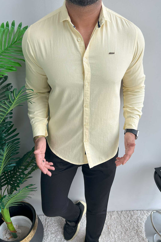 Turbo Self Lining Long Sleeve Cotton Casual Shirt In Light Lemon