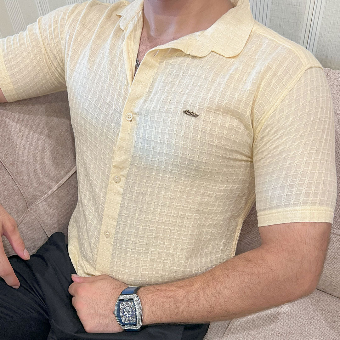 Turbo Designer Motif Embossed Casual Shirt In Light Lemon