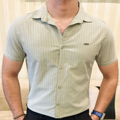 Turbo Creamline Striped Comfort Casual Shirt In Light Moss Green