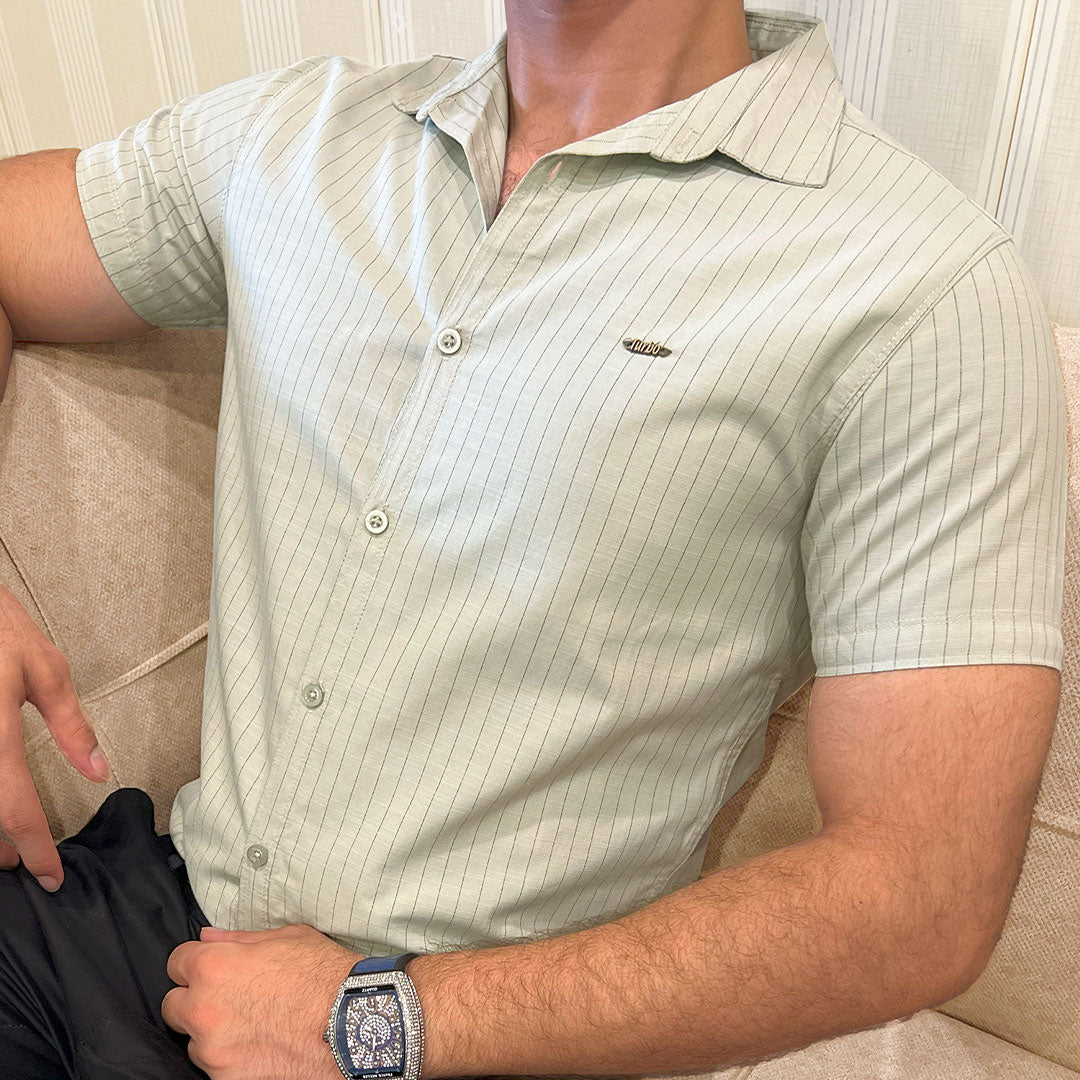 Turbo Creamline Striped Comfort Casual Shirt In Light Moss Green