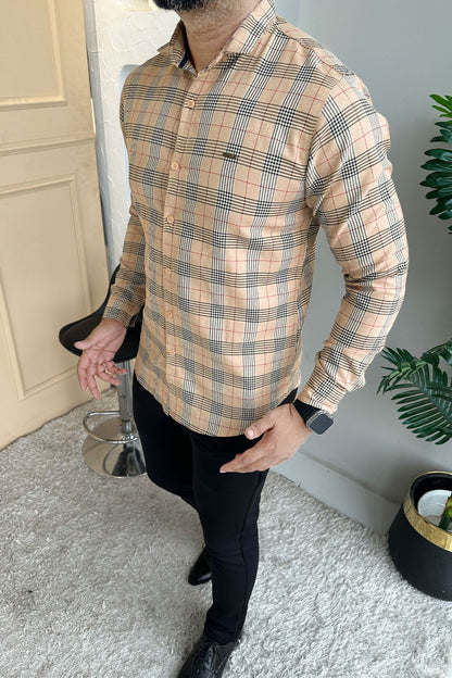 Turbo Plaid Pattern Creation Long Sleeve Cotton Casual Shirt In Light Skin