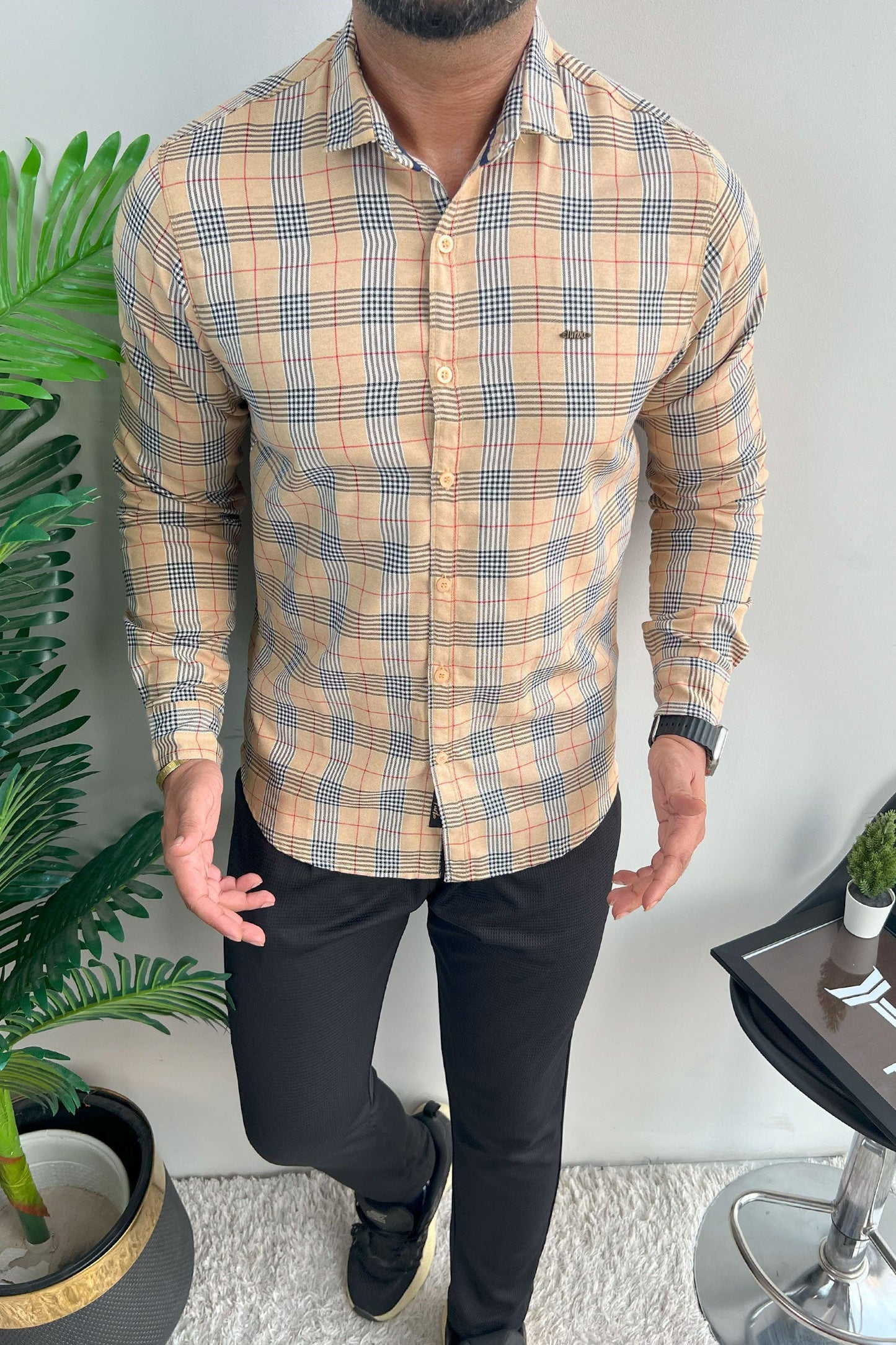Turbo Plaid Pattern Creation Long Sleeve Cotton Casual Shirt In Light Skin