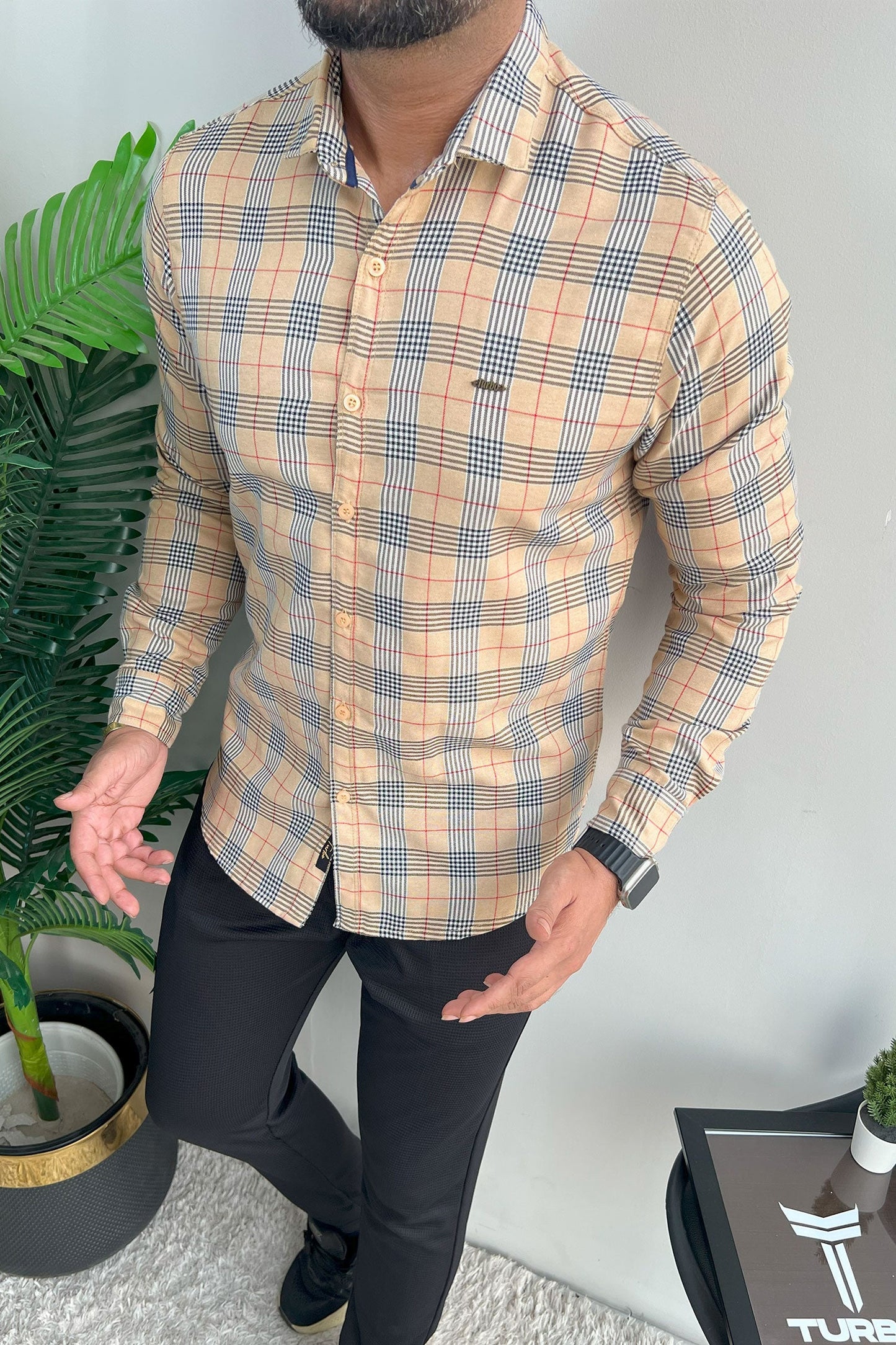 Turbo Plaid Pattern Creation Long Sleeve Cotton Casual Shirt In Light Skin