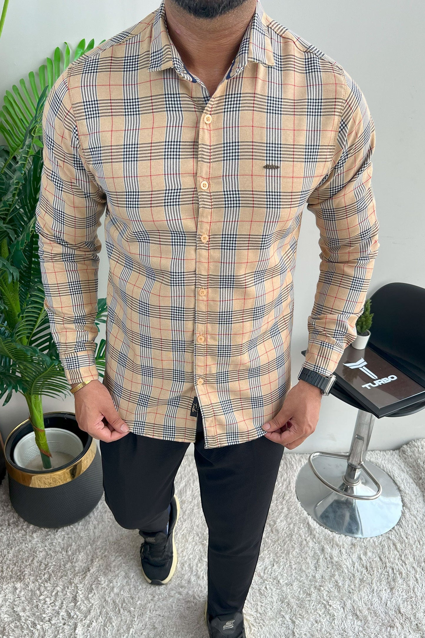 Turbo Plaid Pattern Creation Long Sleeve Cotton Casual Shirt In Light Skin
