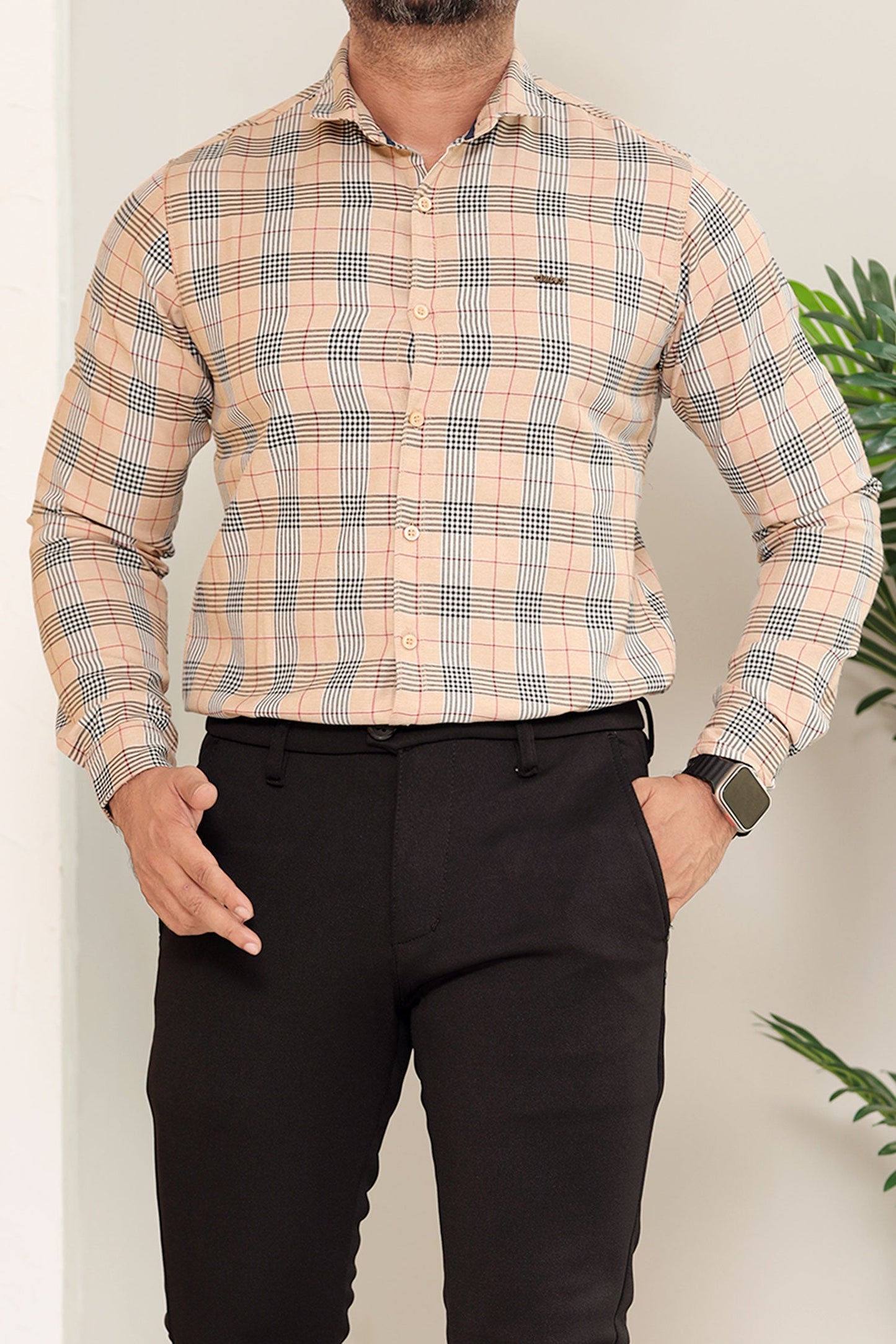 Turbo Plaid Pattern Creation Long Sleeve Cotton Casual Shirt In Light Skin