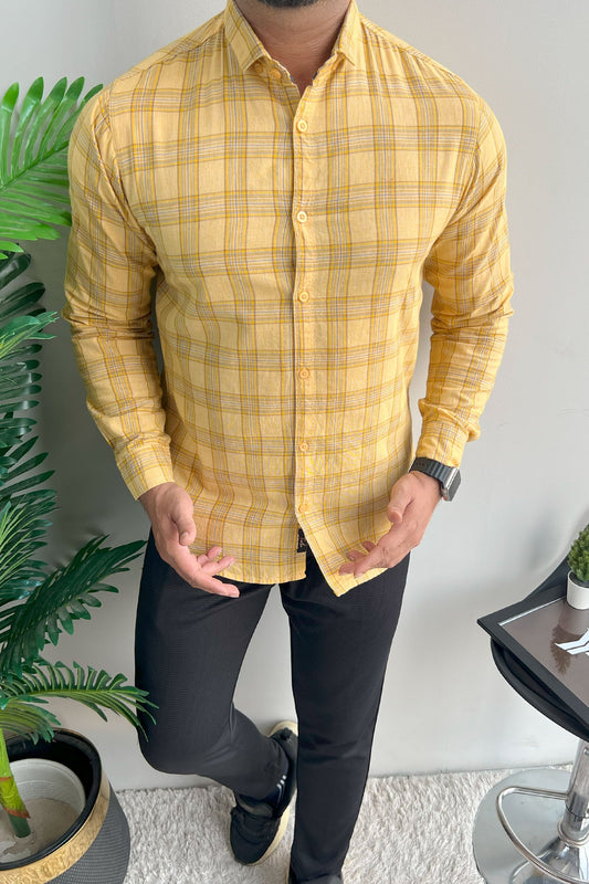 Turbo FearLess Checked Long Sleeve Cotton Casual Shirt In Light Yellow