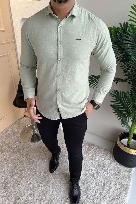 Turbo Dobby Textured Long Sleeve Cotton Casual Shirt In Mint Green