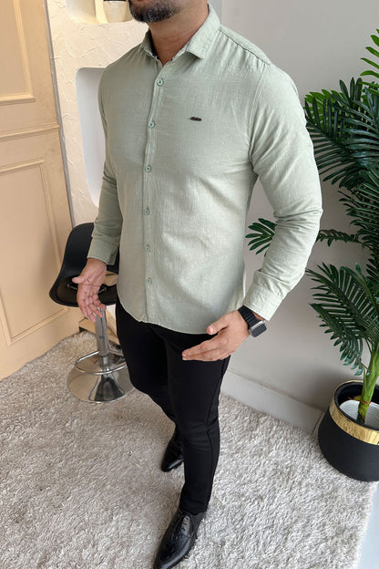 Turbo Dobby Textured Long Sleeve Cotton Casual Shirt In Mint Green