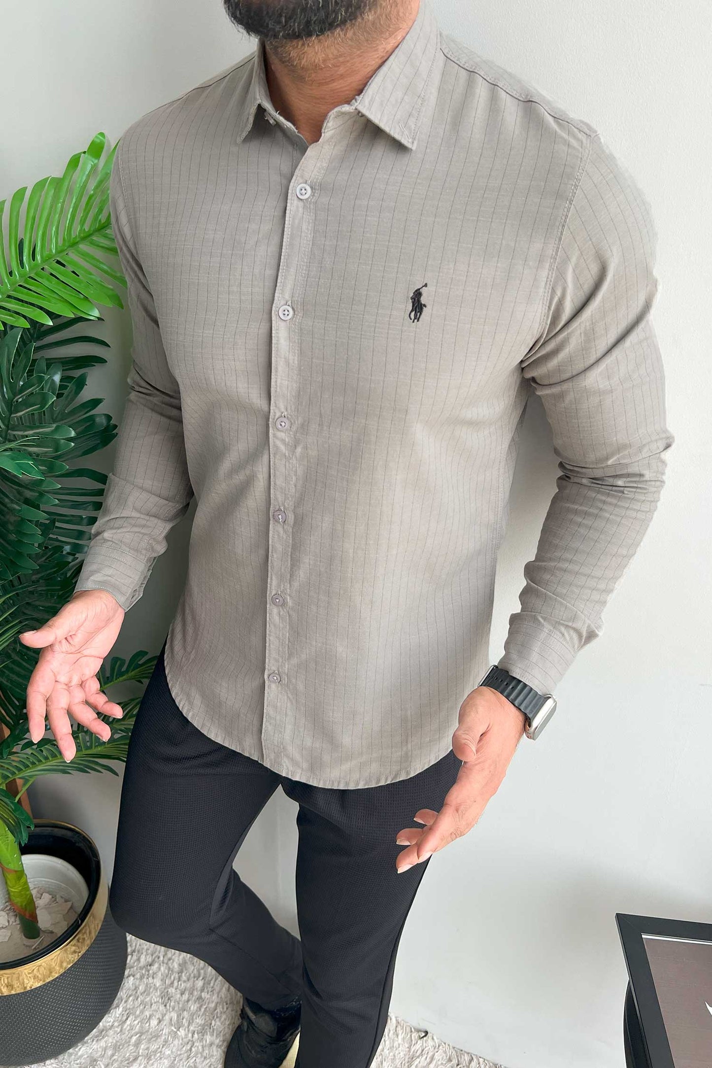 Polo Rph Lren Button Down Striped Casual Shirt In Mid Grey