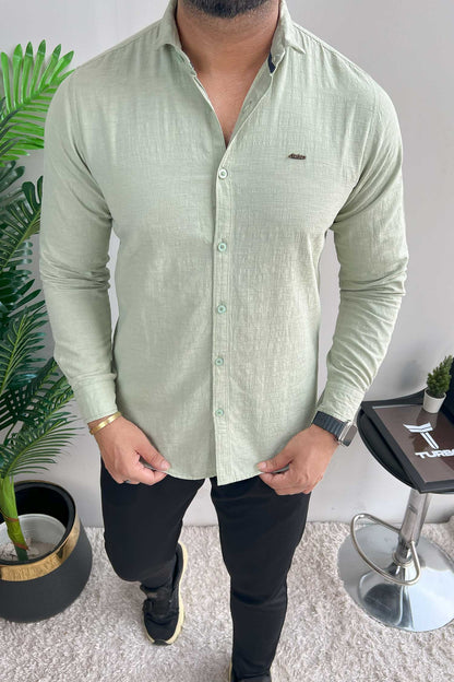 Turbo Dobby Textured Long Sleeve Cotton Casual Shirt In Mint Green