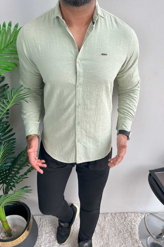 Turbo Dobby Textured Long Sleeve Cotton Casual Shirt In Mint Green