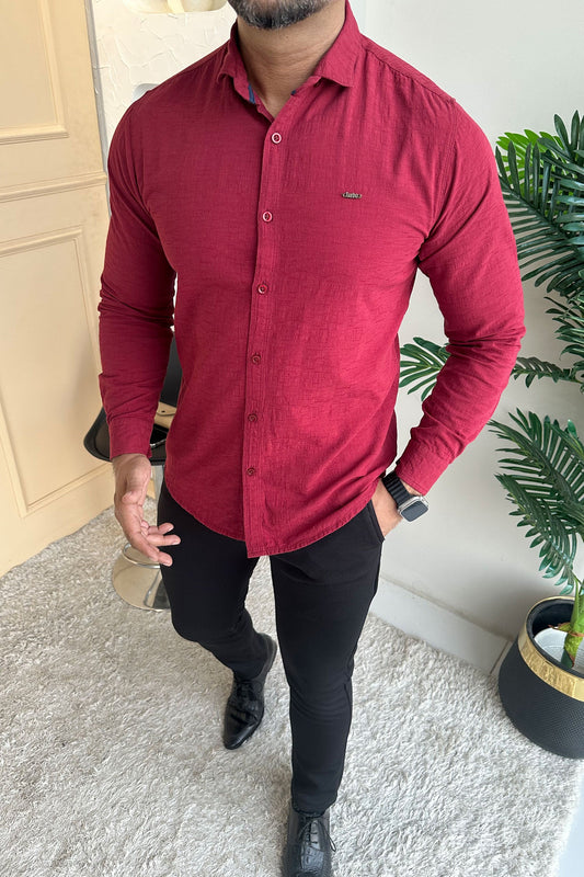 Turbo Dobby Textured Long Sleeve Cotton Casual Shirt In Maroon