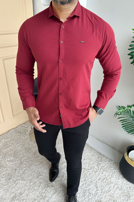 Turbo Self Lining Long Sleeve Cotton Casual Shirt In Maroon