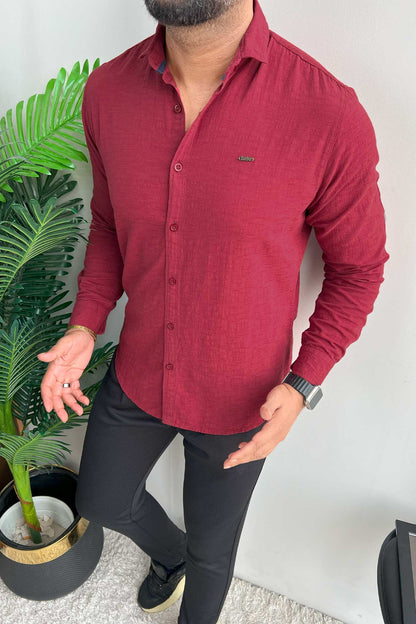 Turbo Dobby Textured Long Sleeve Cotton Casual Shirt In Maroon