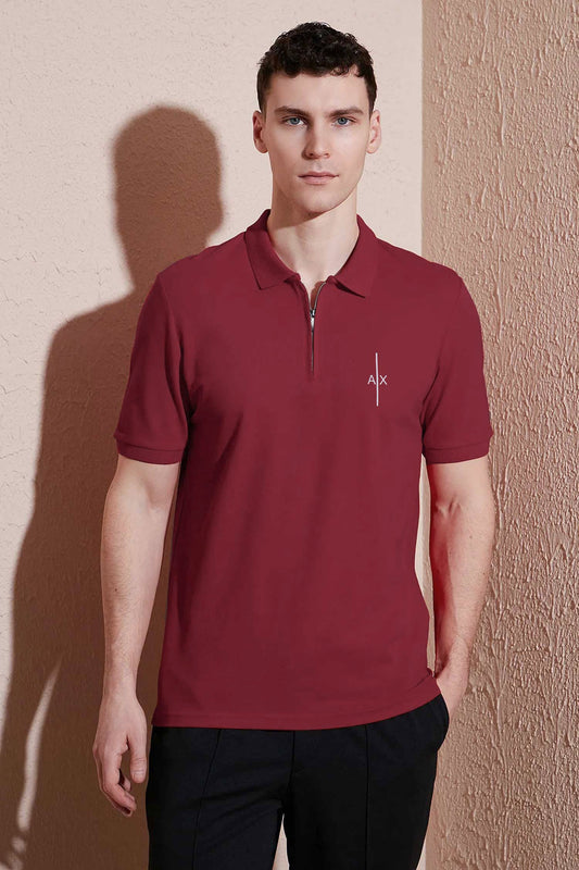 Armni Icon Stripe Zip-Placket Men's Polo Shirt In Dark Maroon