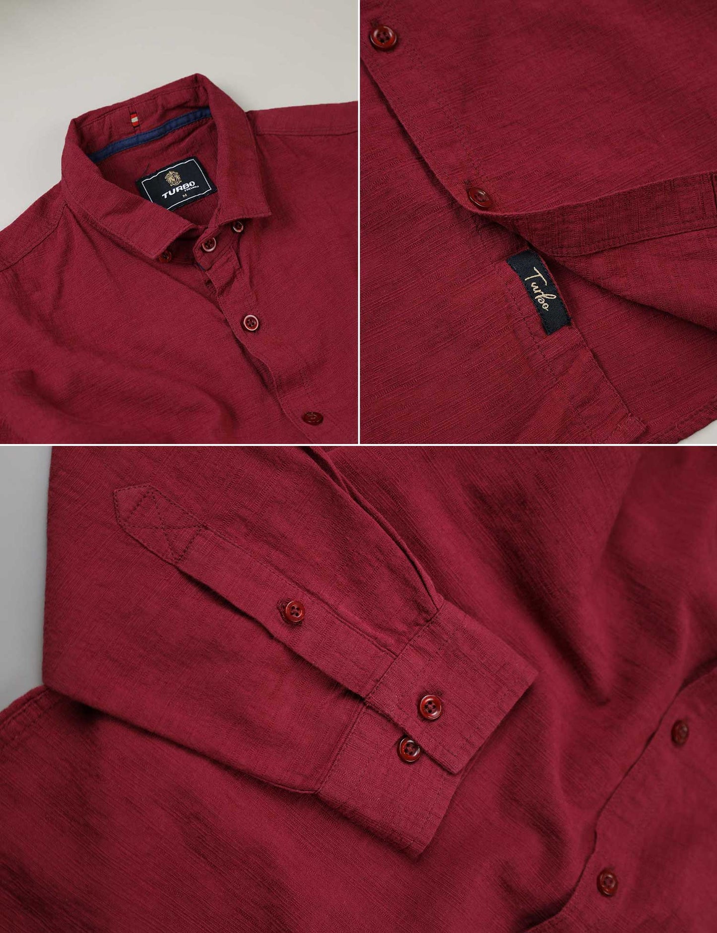 Turbo Dobby Textured Long Sleeve Cotton Casual Shirt In Maroon