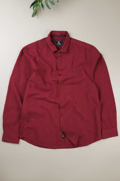 Turbo Dobby Textured Long Sleeve Cotton Casual Shirt In Maroon