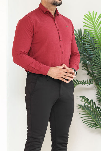Turbo Dobby Textured Long Sleeve Cotton Casual Shirt In Maroon