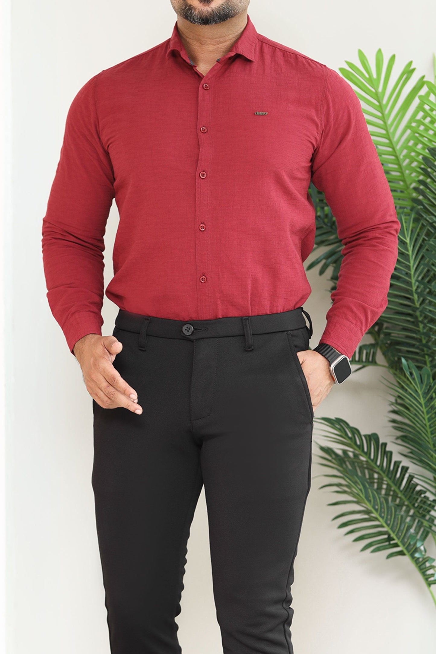 Turbo Dobby Textured Long Sleeve Cotton Casual Shirt In Maroon