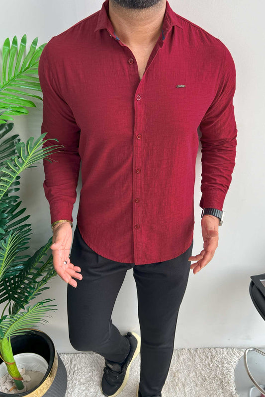 Turbo Dobby Textured Long Sleeve Cotton Casual Shirt In Maroon