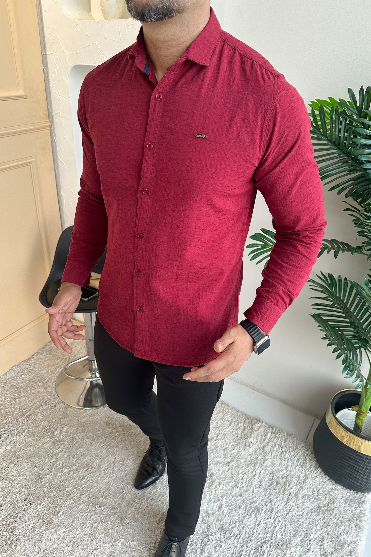 Turbo Dobby Textured Long Sleeve Cotton Casual Shirt In Maroon