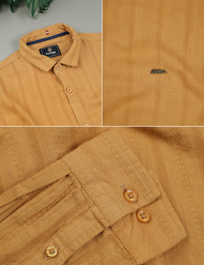 Turbo Self Stripe Motif Long Sleeve Cotton Casual Shirt In Mustard