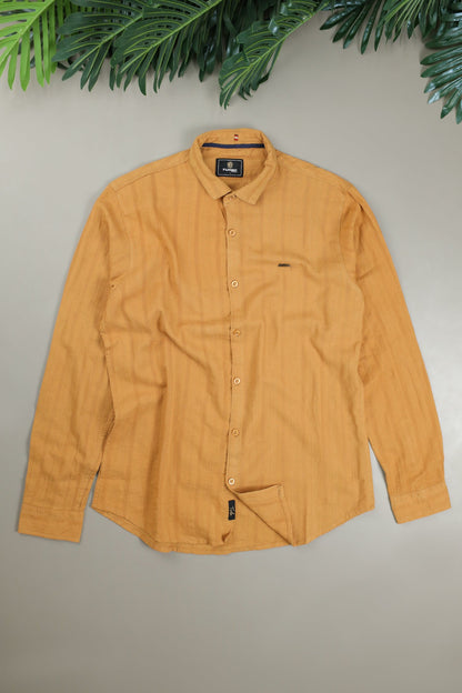 Turbo Self Stripe Motif Long Sleeve Cotton Casual Shirt In Mustard