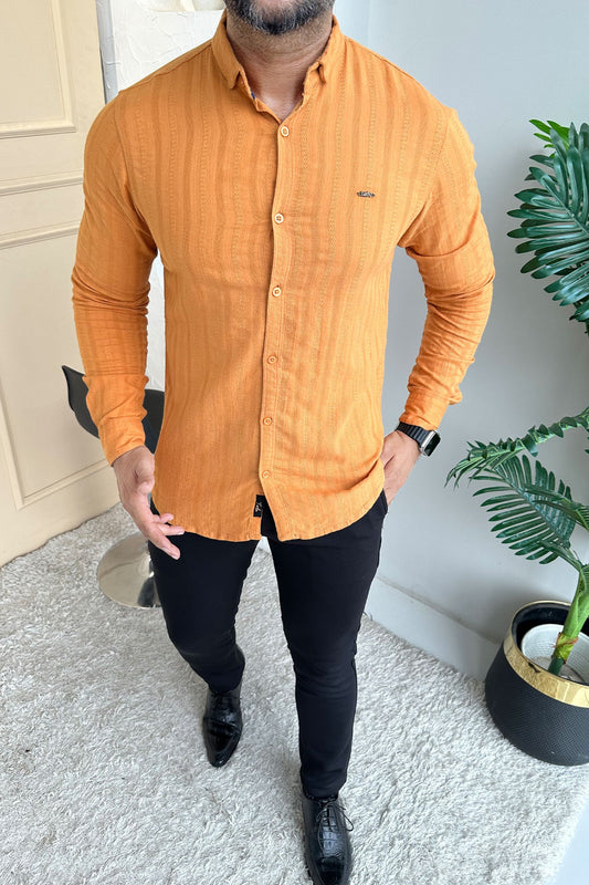 Turbo Self Stripe Motif Long Sleeve Cotton Casual Shirt In Mustard