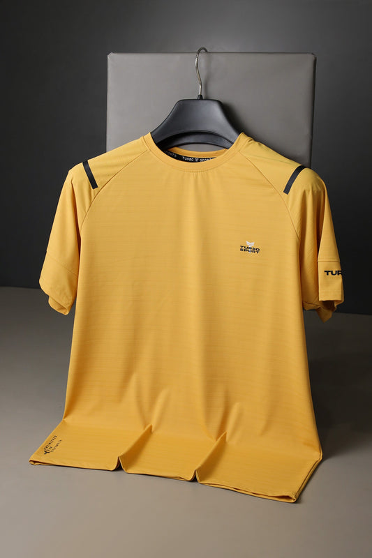 Turbo Sport Shoulder Striped Breathable Dry-Fit Tee In Mustard Yellow
