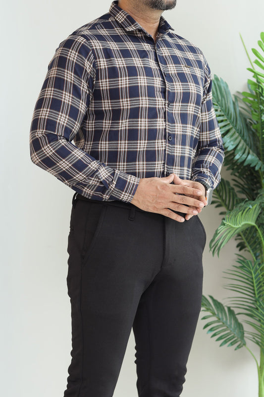 Turbo Tattersall Checkered Long Sleeve Cotton Casual Shirt In Navy Blue