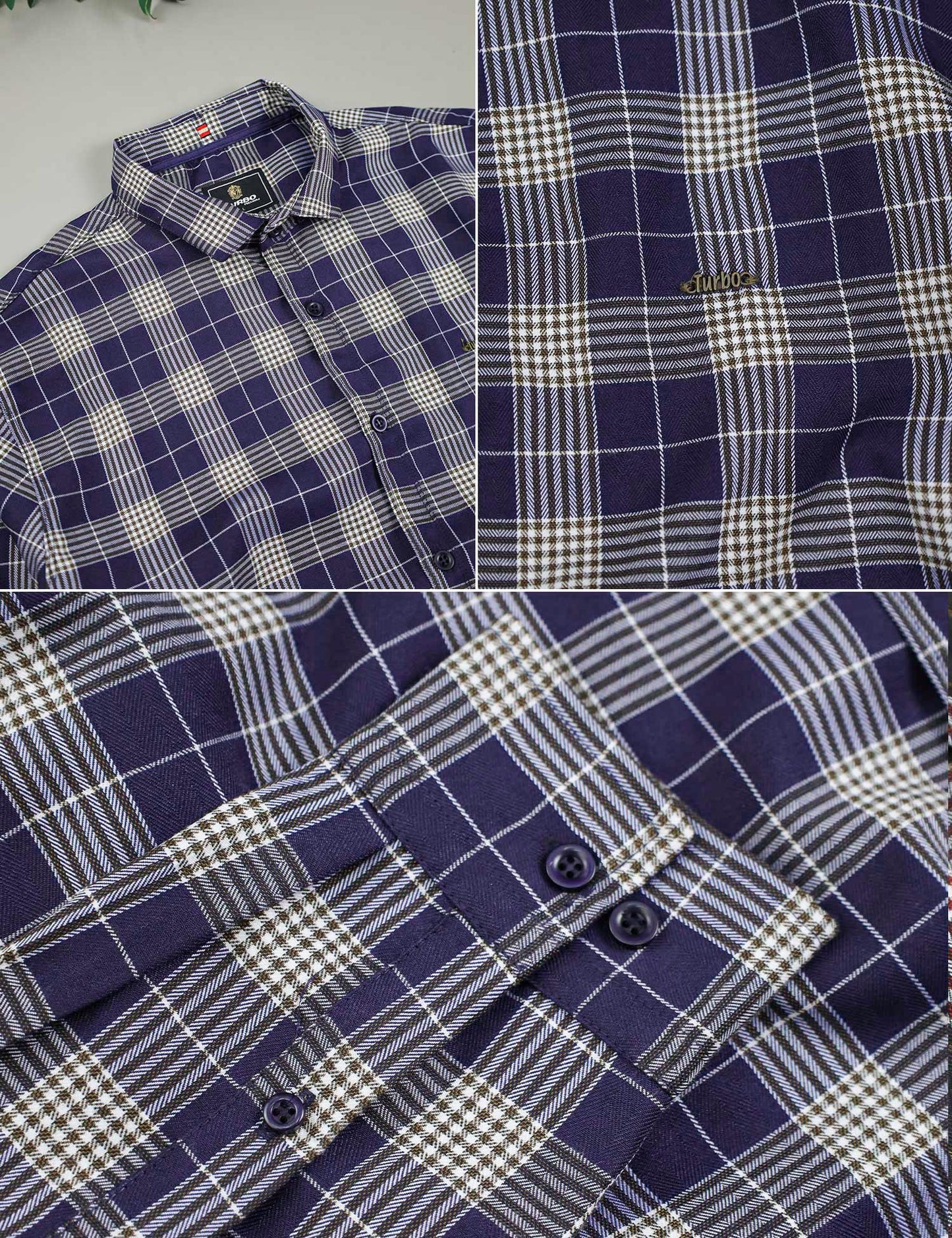 Turbo Plaid Pattern Creation Long Sleeve Cotton Casual Shirt In Navy Blue