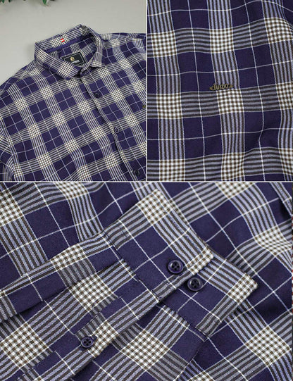 Turbo Plaid Pattern Creation Long Sleeve Cotton Casual Shirt In Navy Blue